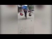 بالفيديو: صيني ينقل طفليه على دراجة بشكل لا يصدق