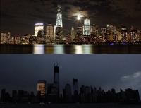 . صورة لنيويورك قبل الإعصار وهي ساطعة الأضواء وصورة أخرى خلال الإعصار 